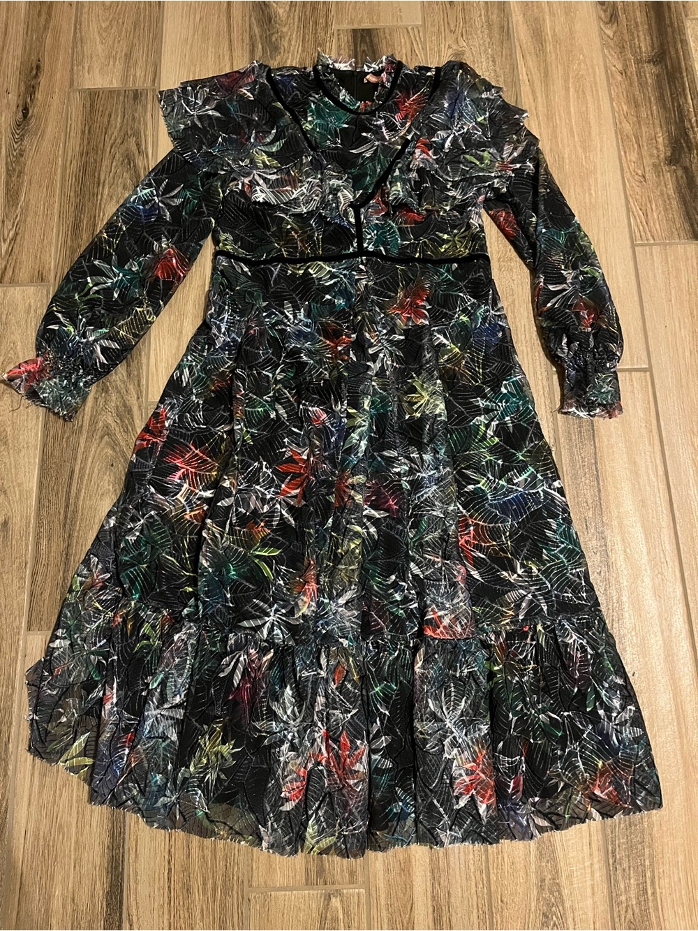 Gemma Albright Floral Long Sleeve Black Multi Midi Dress